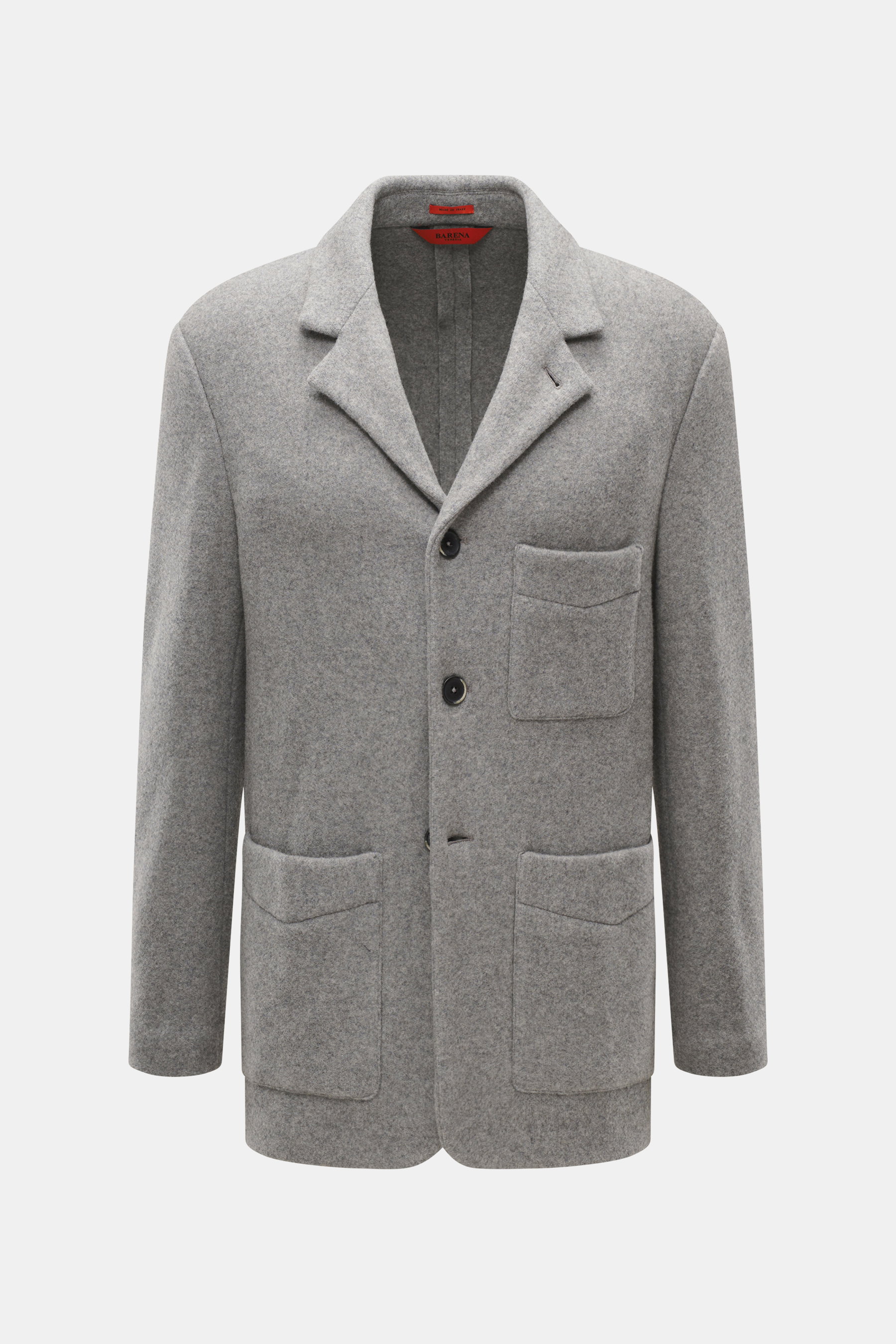 Front view of the Barena Venezia Cabanjacke graubraun/dunkelbraun gemustert, a wool blend coat with broad lapels, three-button closure, angled pockets, and buttoned cuffs, elegant for autumn and winter. <p>Elegant durch Herbst und Winter mit BARENA VENEZI