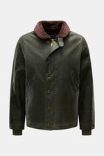 Manifattura Ceccarelli Waxed jacket 'Deck Jacket' dark green shown front view with brown alpaca wool collar, button and zip closure, slanted pockets.