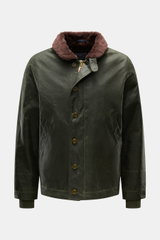 Manifattura Ceccarelli Waxed jacket 'Deck Jacket' dark green shown front view with brown alpaca wool collar, button and zip closure, slanted pockets.