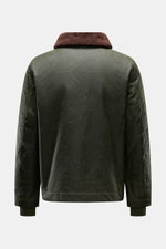 Manifattura Ceccarelli Waxed jacket 'Deck Jacket' dark green shown from the back, classic Italian waxed cotton with brown alpaca collar trim, regular fit, breathable, water repellent, robust zip, elastic cuffs, and adjustable hem, padded with warm wool li