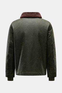 Manifattura Ceccarelli Waxed jacket 'Deck Jacket' dark green shown from the back, classic Italian waxed cotton with brown alpaca collar trim, regular fit, breathable, water repellent, robust zip, elastic cuffs, and adjustable hem, padded with warm wool li