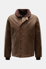 Front view of Manifattura Ceccarelli Waxed jacket 'Deck Jacket' brown, classic Italian waxed cotton with alpaca wool collar and buttons.

Description: <p>Built for the elements: The 'Deck Jacket' by MANIFATTURA CECCARELLI is a classic, Italian-made waxed 
