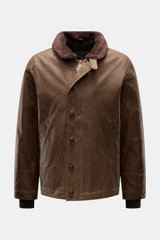 Front view of Manifattura Ceccarelli Waxed jacket 'Deck Jacket' brown, classic Italian waxed cotton with alpaca wool collar and buttons.

Description: <p>Built for the elements: The 'Deck Jacket' by MANIFATTURA CECCARELLI is a classic, Italian-made waxed 