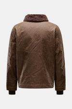 Back view of Manifattura Ceccarelli Waxed jacket 'Deck Jacket' brown, a classic Italian waxed cotton jacket with alpaca wool collar trim, warm wool lining, and water repellent fabric.