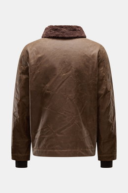 Back view of Manifattura Ceccarelli Waxed jacket 'Deck Jacket' brown, a classic Italian waxed cotton jacket with alpaca wool collar trim, warm wool lining, and water repellent fabric.