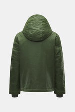 Manifattura Ceccarelli Wachsjacke 'Blazer Coat' grün, Rückansicht, Kapuze mit Schirm, gewachste Baumwolle, wasserabweisend, Regular Fit, Lederdetails, atmungsaktiv.