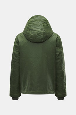 Manifattura Ceccarelli Wachsjacke 'Blazer Coat' grün, Rückansicht, Kapuze mit Schirm, gewachste Baumwolle, wasserabweisend, Regular Fit, Lederdetails, atmungsaktiv.