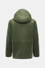 Manifattura Ceccarelli Wachsjacke "Weekender" oliv, Rückansicht, gewachste Baumwolle, Slim Fit, wasserabweisend, Teddyfutter, Wattierung, Windblende, Taschen, Druckknöpfe.
