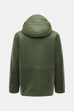 Manifattura Ceccarelli Wachsjacke "Weekender" oliv, Rückansicht, gewachste Baumwolle, Slim Fit, wasserabweisend, Teddyfutter, Wattierung, Windblende, Taschen, Druckknöpfe.