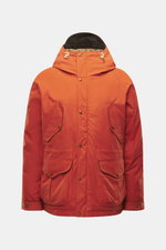 Front view of Manifattura Ceccarelli Down jacket 'Fisherman' orange, pure cotton, soft touch, regular fit, warm down filling, two-way zipper, wind flap with press studs, high-closing collar with hood, raglan sleeves, slanted front pockets with flap, patch