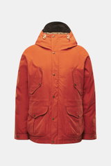 Front view of Manifattura Ceccarelli Down jacket 'Fisherman' orange, pure cotton, soft touch, regular fit, warm down filling, two-way zipper, wind flap with press studs, high-closing collar with hood, raglan sleeves, slanted front pockets with flap, patch