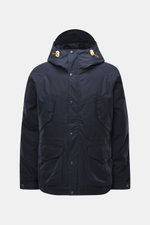Front view of Manifattura Ceccarelli Down jacket 'Fisherman' navy, pure cotton, soft touch, regular fit, warm down filling, two-way zipper, wind flap with press studs, high-closing collar with hood, raglan sleeves, slanted front pockets with flap, patch h