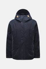 Front view of Manifattura Ceccarelli Down jacket 'Fisherman' navy, pure cotton, soft touch, regular fit, warm down filling, two-way zipper, wind flap with press studs, high-closing collar with hood, raglan sleeves, slanted front pockets with flap, patch h