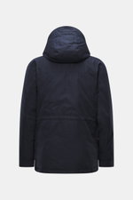 Manifattura Ceccarelli Down jacket 'Fisherman' navy shown from the back, pure cotton, soft touch, regular fit, warm down filling, two-way zipper, wind flap with press studs, high-closing collar with hood, raglan sleeves, slanted front pockets with flap, p