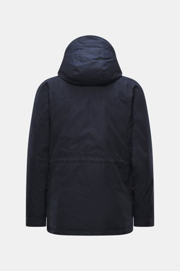 Manifattura Ceccarelli Down jacket 'Fisherman' navy shown from the back, pure cotton, soft touch, regular fit, warm down filling, two-way zipper, wind flap with press studs, high-closing collar with hood, raglan sleeves, slanted front pockets with flap, p