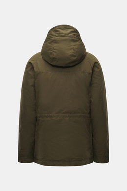 Manifattura Ceccarelli Down jacket "Fisherman" olive shown from the back, pure cotton, soft touch, regular fit, warm down filling, two-way zipper, wind flap with press studs, high-closing collar with hood, raglan sleeves, slanted front pockets with flap, 