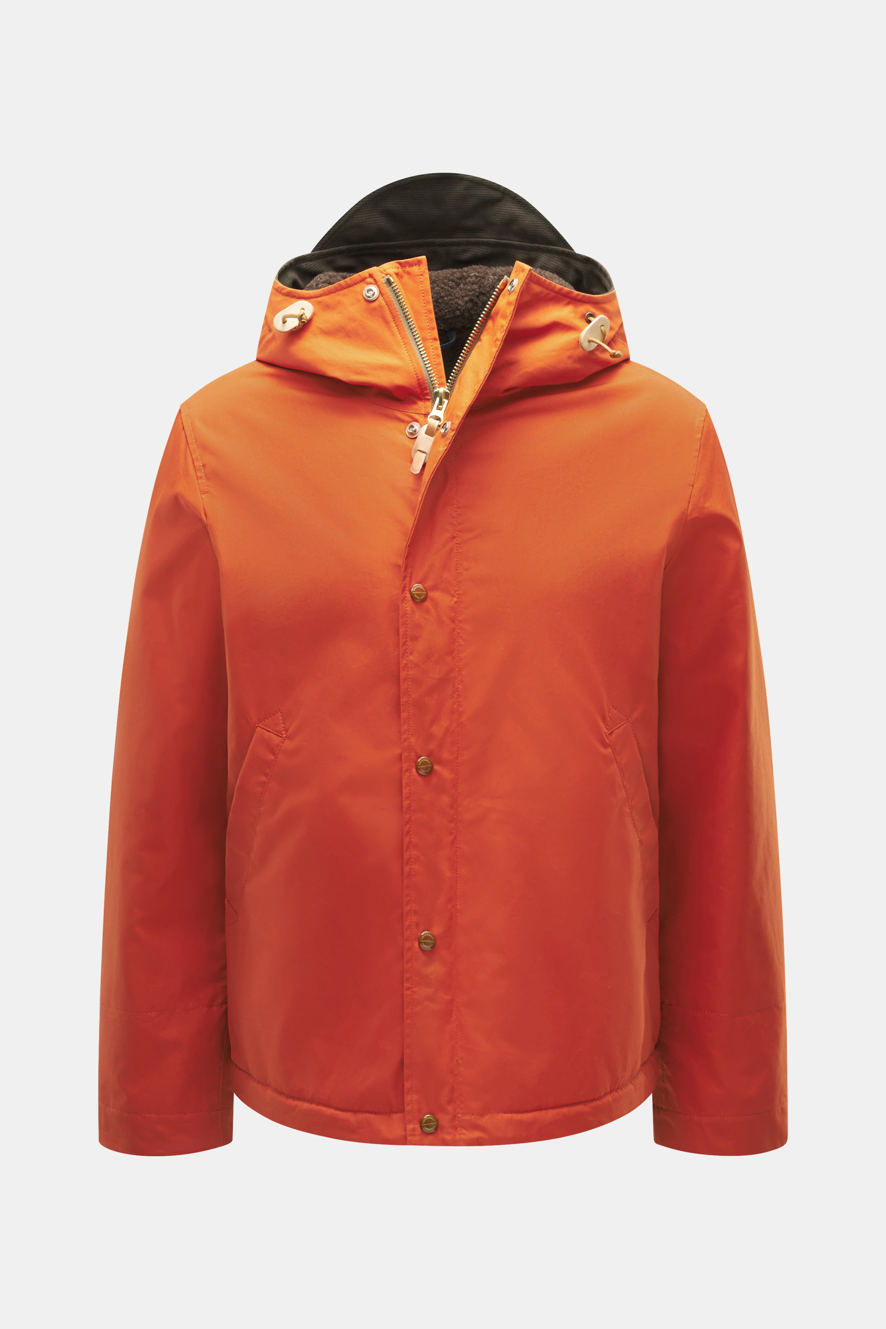 Front view of Manifattura Ceccarelli Jacket 'Shelter' orange in pure cotton, slim fit, with robust two-way zipper, wind flap with press studs, high stand-up collar, adjustable hood with visor, piped front pockets, windproof cuffs, adjustable hem width, su