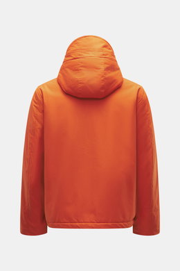 Manifattura Ceccarelli Jacke "Shelter" orange von hinten, Slim Fit, reine Baumwolle, Zwei-Wege-Reißverschluss, Kapuze mit Schirm, Stehkragen, Windblende, Taschen, Wollfutter.