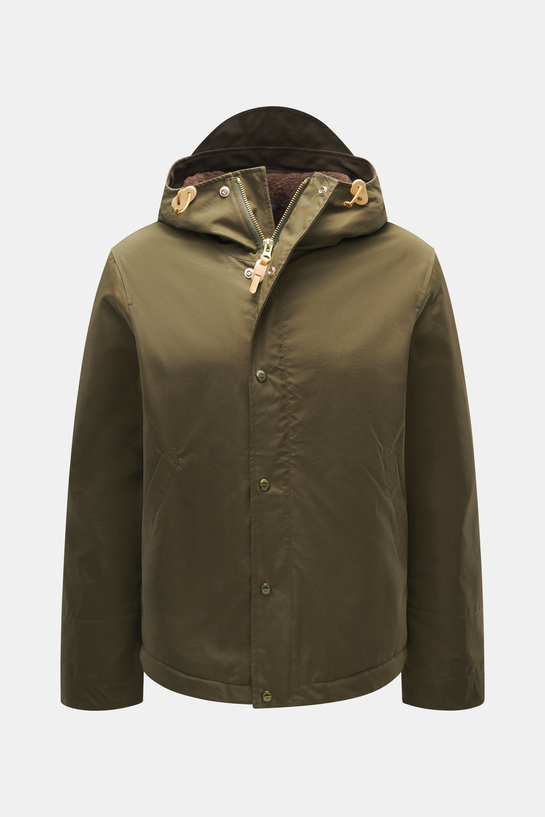 Front view of Manifattura Ceccarelli Jacket 'Shelter' dark olive, pure cotton slim fit with robust two-way zipper, wind flap with press studs, high stand-up collar, adjustable hood with visor, piped front pockets, wind protection cuffs, adjustable hem, su