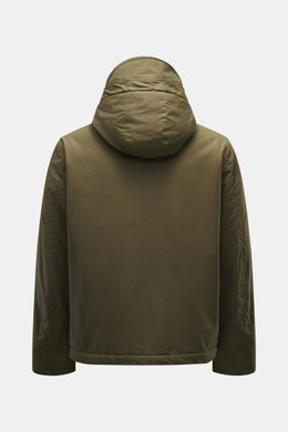 Manifattura Ceccarelli Jacke 'Shelter' dark olive, Rückansicht, Slim Fit, reine Baumwolle, Kapuze mit Schirm, Stehkragen, Zwei-Wege-Reißverschluss, Wollfutter.