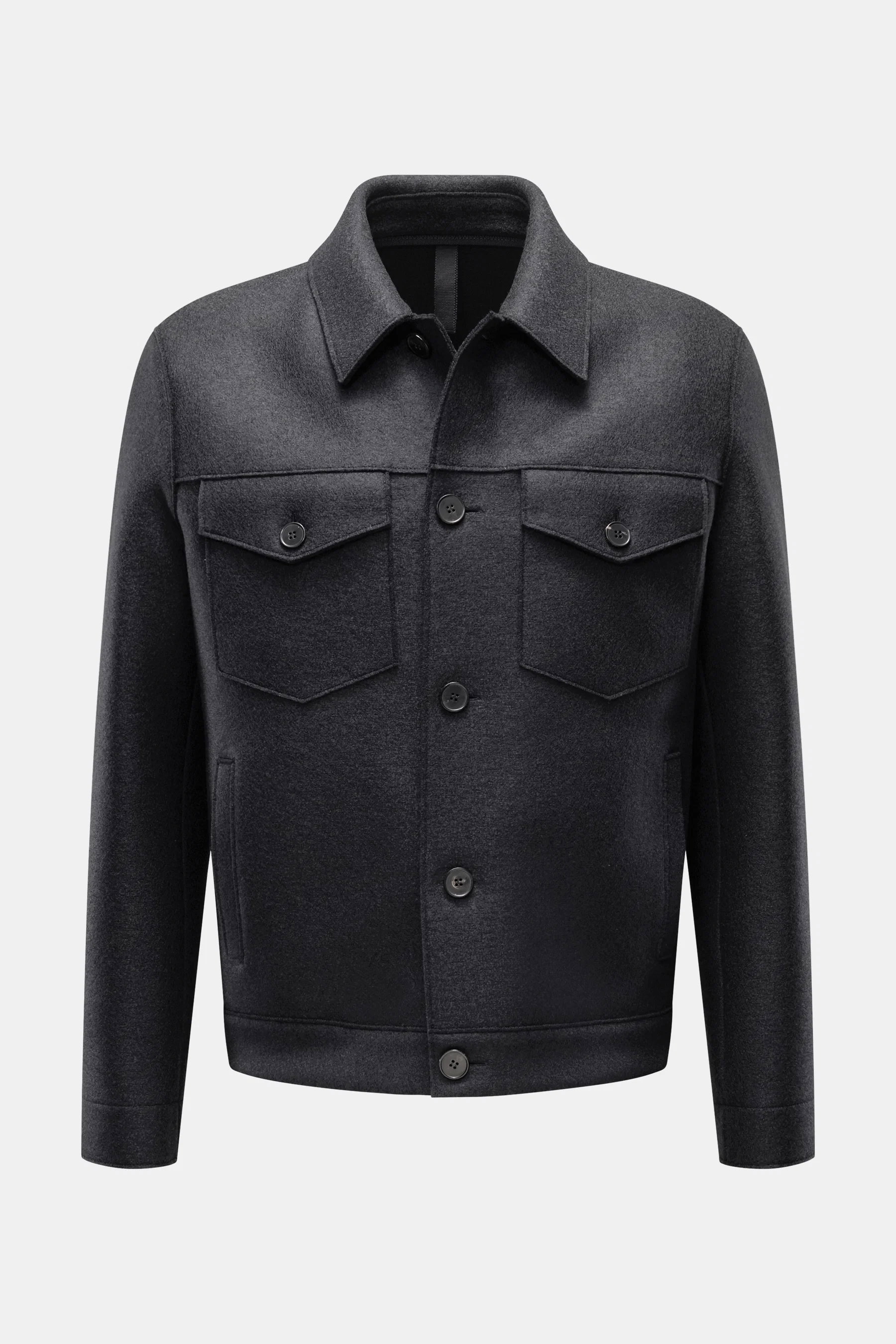 Front view of Harris Wharf London Wool jacket navy, a cropped, casual and cosy felted virgin wool jacket with buttoned breast and slanted hip pockets, five-button placket, turn-down collar, cuffs with button, unlined design perfect for layering, regular f