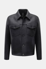 Front view of Harris Wharf London Wool jacket navy, a cropped, casual and cosy felted virgin wool jacket with buttoned breast and slanted hip pockets, five-button placket, turn-down collar, cuffs with button, unlined design perfect for layering, regular f