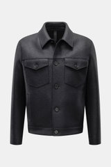 Front view of Harris Wharf London Wool jacket navy, a cropped, casual and cosy felted virgin wool jacket with buttoned breast and slanted hip pockets, five-button placket, turn-down collar, cuffs with button, unlined design perfect for layering, regular f