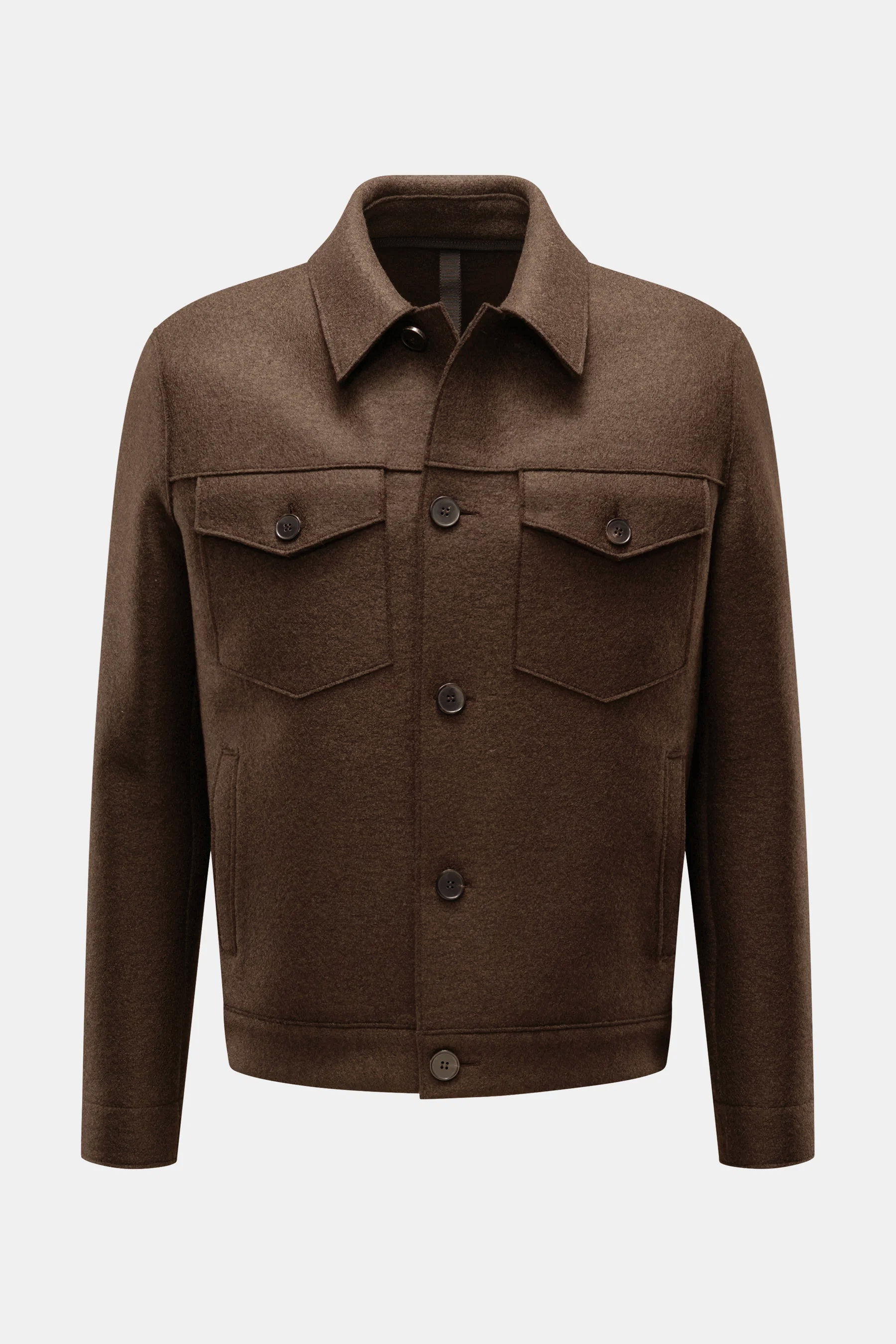 Harris Wharf London Wool jacket dark brown shown front view, cropped wool jacket with buttoned breast pockets and turn-down collar, made of pure felted virgin wool, unlined, regular fit, five-button placket, slanted hip pockets, cuffs with button, two ins