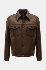 Harris Wharf London Wool jacket dark brown shown front view, cropped wool jacket with buttoned breast pockets and turn-down collar, made of pure felted virgin wool, unlined, regular fit, five-button placket, slanted hip pockets, cuffs with button, two ins