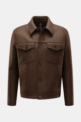 Harris Wharf London Wool jacket dark brown shown front view, cropped wool jacket with buttoned breast pockets and turn-down collar, made of pure felted virgin wool, unlined, regular fit, five-button placket, slanted hip pockets, cuffs with button, two ins
