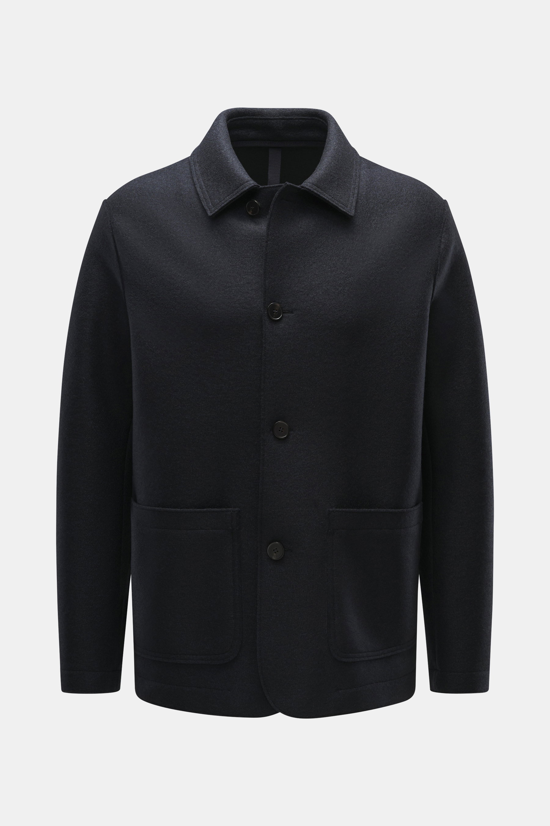 Front view of Harris Wharf London Wool jacket dark navy made of knitted and felted virgin wool, heavy, sturdy quality with raw-edge finish, slim fit, four-button placket, turn-down collar, patch pockets, and unconstructed design.