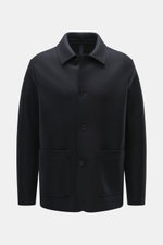 Front view of Harris Wharf London Wool jacket dark navy made of knitted and felted virgin wool, heavy, sturdy quality with raw-edge finish, slim fit, four-button placket, turn-down collar, patch pockets, and unconstructed design.