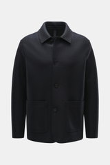 Front view of Harris Wharf London Wool jacket dark navy made of knitted and felted virgin wool, heavy, sturdy quality with raw-edge finish, slim fit, four-button placket, turn-down collar, patch pockets, and unconstructed design.