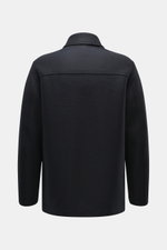 Back view of Harris Wharf London Wool jacket dark navy, knitted and felted virgin wool, heavy sturdy quality, raw-edge finish, slim fit, four-button placket, turn-down collar, patch pockets, unconstructed design.