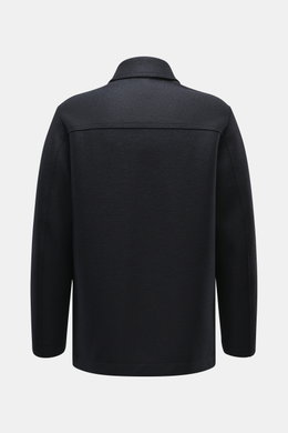 Back view of Harris Wharf London Wool jacket dark navy, knitted and felted virgin wool, heavy sturdy quality, raw-edge finish, slim fit, four-button placket, turn-down collar, patch pockets, unconstructed design.
