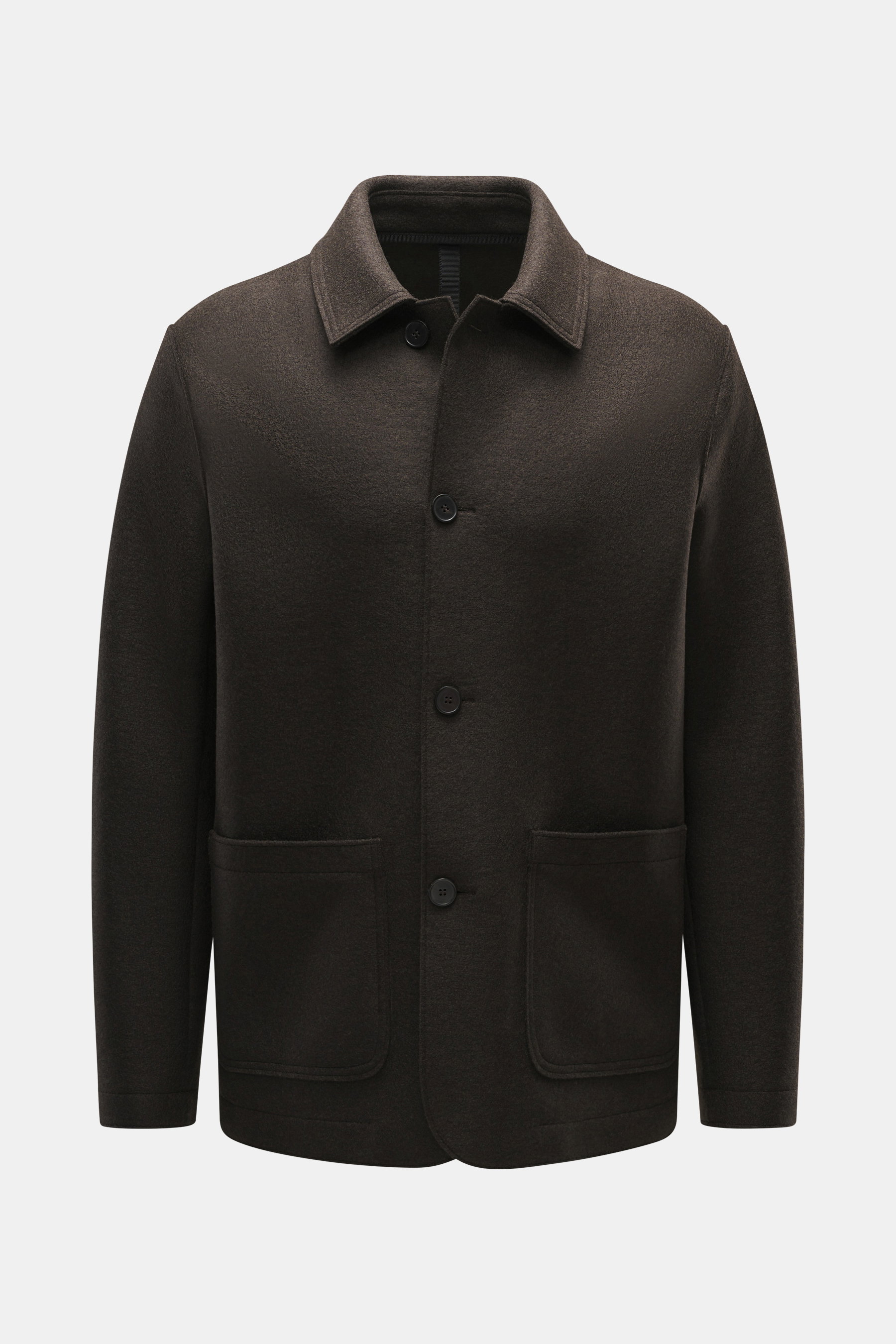 Harris Wharf London Wool jacket dark brown shown from the front, slim fit, knitted and felted virgin wool, heavy sturdy quality, raw-edge finish, four-button placket, turn-down collar, patch pockets, unconstructed design.