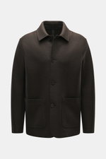 Harris Wharf London Wool jacket dark brown shown from the front, slim fit, knitted and felted virgin wool, heavy sturdy quality, raw-edge finish, four-button placket, turn-down collar, patch pockets, unconstructed design.