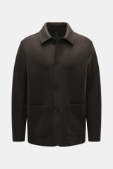 Harris Wharf London Wool jacket dark brown shown from the front, slim fit, knitted and felted virgin wool, heavy sturdy quality, raw-edge finish, four-button placket, turn-down collar, patch pockets, unconstructed design.
