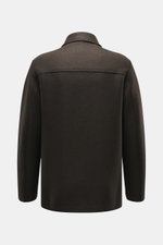 Harris Wharf London Wool jacket dark brown shown from back, slim fit with turn-down collar, patch pockets, four-button placket, raw-edge finish, knitted and felted virgin wool, heavy sturdy quality, unconstructed design.