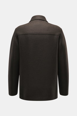 Harris Wharf London Wool jacket dark brown shown from back, slim fit with turn-down collar, patch pockets, four-button placket, raw-edge finish, knitted and felted virgin wool, heavy sturdy quality, unconstructed design.