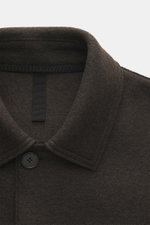 Harris Wharf London Wool jacket dark brown shown from front close-up, knitted and felted virgin wool, heavy, sturdy quality, raw-edge finish, slim fit, four-button placket, turn-down collar, patch pockets, unconstructed design.
