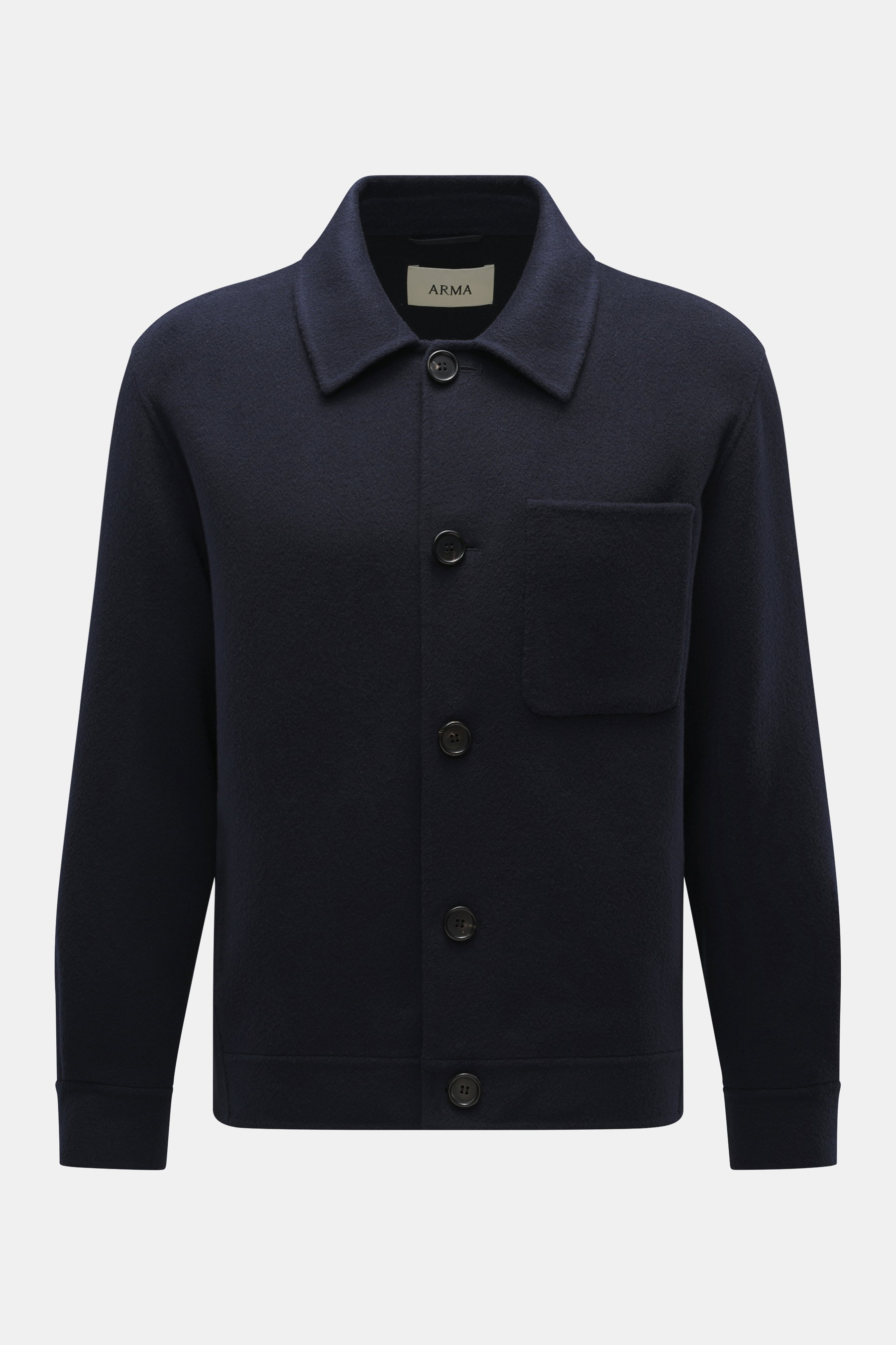 Front view of Arma Wool Overshirt 'Jur' navy, a slim fit overshirt made of pure wool with a soft touch, featuring a turn-down collar, five-button placket, patch chest pocket, hip pockets in side seams, button cuffs, and an unconstructed design, stylish co