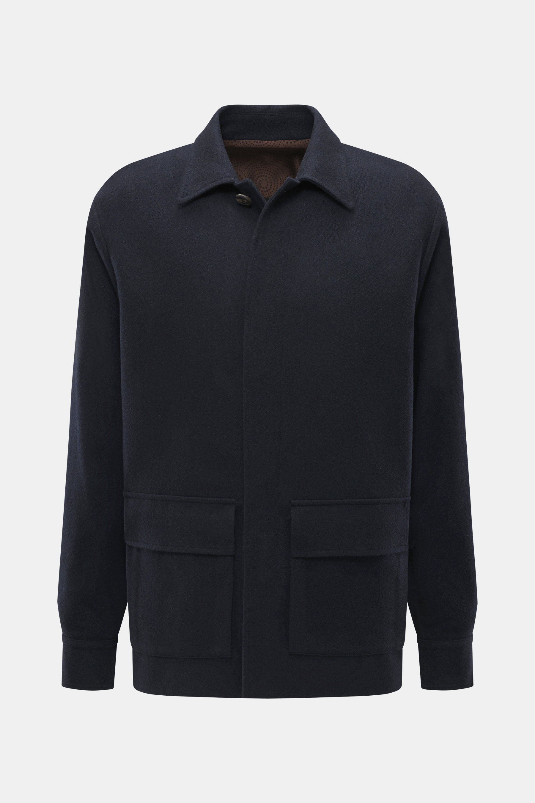 Front view of the Doppiaa Jacket 'Aaliante' navy, made from a mix of wool, high-quality microfiber and cashmere, soft feel, regular fit, concealed five-button placket, turn-down collar, patch pockets with flap, sleeve cuffs with cuff, back yoke with pinch