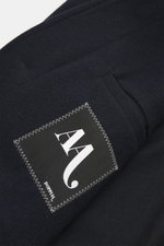 Close-up top-side view of Doppiaa Jacket 'Aaliante' navy showing textured fabric label; mix of wool, microfiber, cashmere, soft feel, regular fit, concealed five-button placket, turn-down collar, patch pockets with flap, sleeve cuffs with cuff, back yoke 