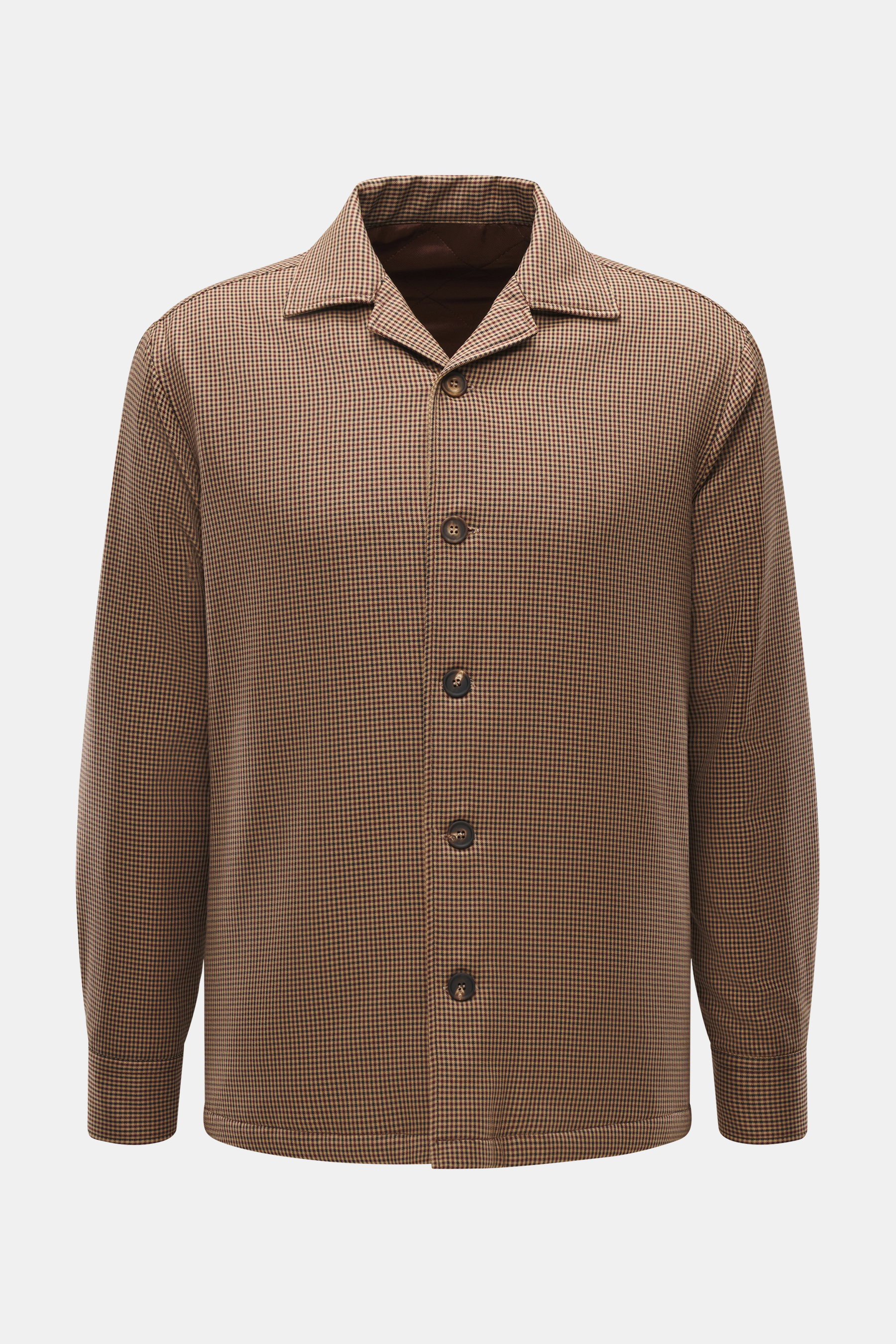 Front view of the Doppiaa Jacket 'Aabba' light brown/bordeaux/navy checkered, slim fit with high-quality microfiber, smooth touch, five-button placket, turn-down collar, side seam pockets, sleeve cuffs with button, quilted lining fabric, and two inner poc