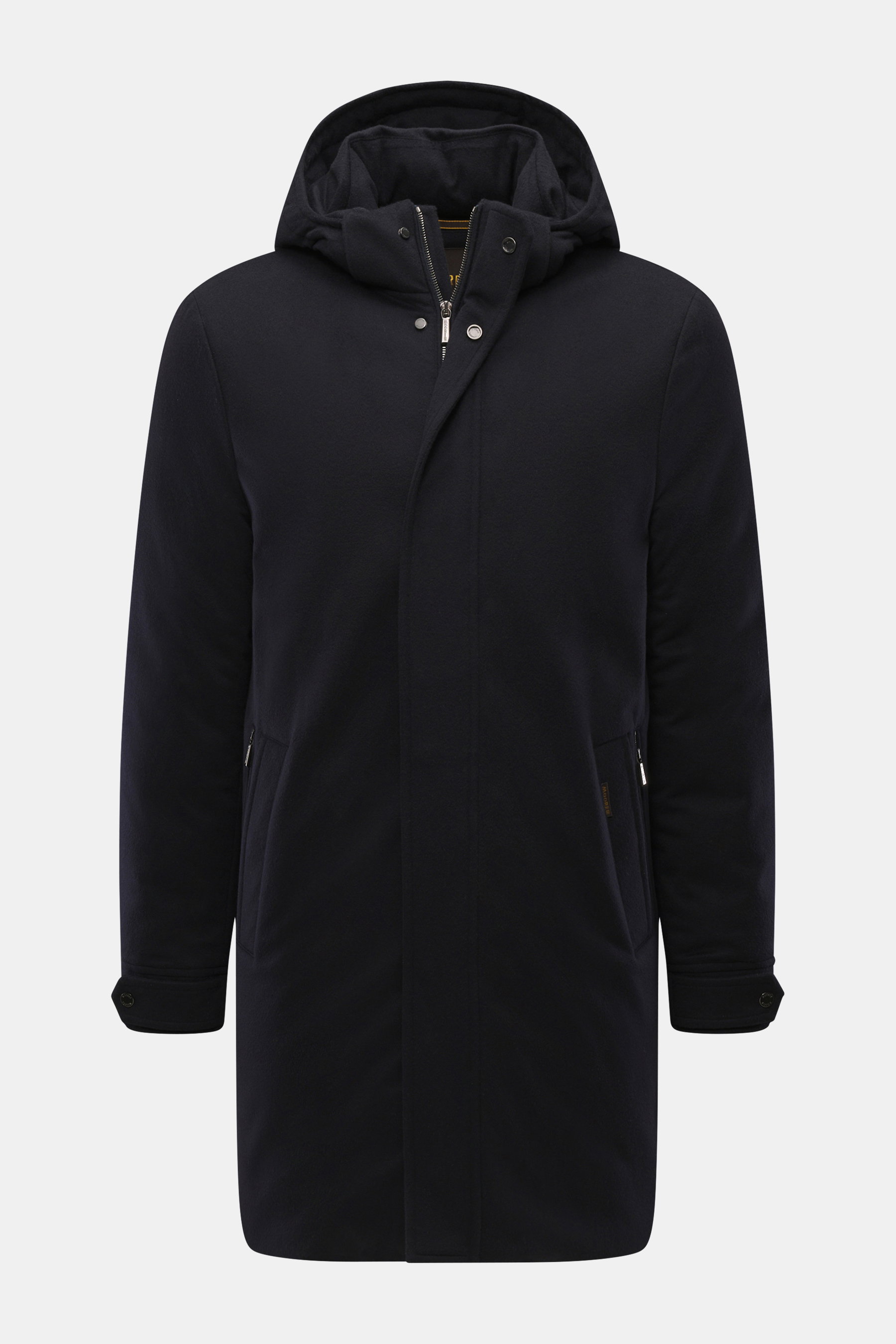 Moorer Cashmere Kurzmantel 'Vermont' navy, frontale Ansicht, reiner Cashmere, soft, leichte Daunenfüllung, Slim Fit, Zwei-Wege-Reißverschluss, Windblende, Kapuze, schräge Hüfttaschen mit Zipper, Ärmel mit Knopfriegel, gestepptes Innenfutter, vier Innentas