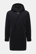 Moorer Cashmere Kurzmantel 'Vermont' navy, frontale Ansicht, reiner Cashmere, soft, leichte Daunenfüllung, Slim Fit, Zwei-Wege-Reißverschluss, Windblende, Kapuze, schräge Hüfttaschen mit Zipper, Ärmel mit Knopfriegel, gestepptes Innenfutter, vier Innentas