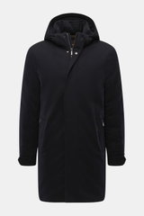 Moorer Cashmere Kurzmantel 'Vermont' navy, frontale Ansicht, reiner Cashmere, soft, leichte Daunenfüllung, Slim Fit, Zwei-Wege-Reißverschluss, Windblende, Kapuze, schräge Hüfttaschen mit Zipper, Ärmel mit Knopfriegel, gestepptes Innenfutter, vier Innentas