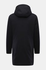 Rückansicht des Moorer Cashmere Kurzmantels 'Vermont' navy, reiner Cashmere, soft, leichte Daunenfüllung, Slim Fit, Kapuze, Zipper, Knopfriegel