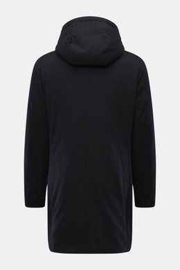 Rückansicht des Moorer Cashmere Kurzmantels 'Vermont' navy, reiner Cashmere, soft, leichte Daunenfüllung, Slim Fit, Kapuze, Zipper, Knopfriegel